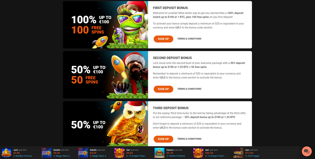 LevelUp Casino No Down Payment Bonus Offer Codes & Advertisings